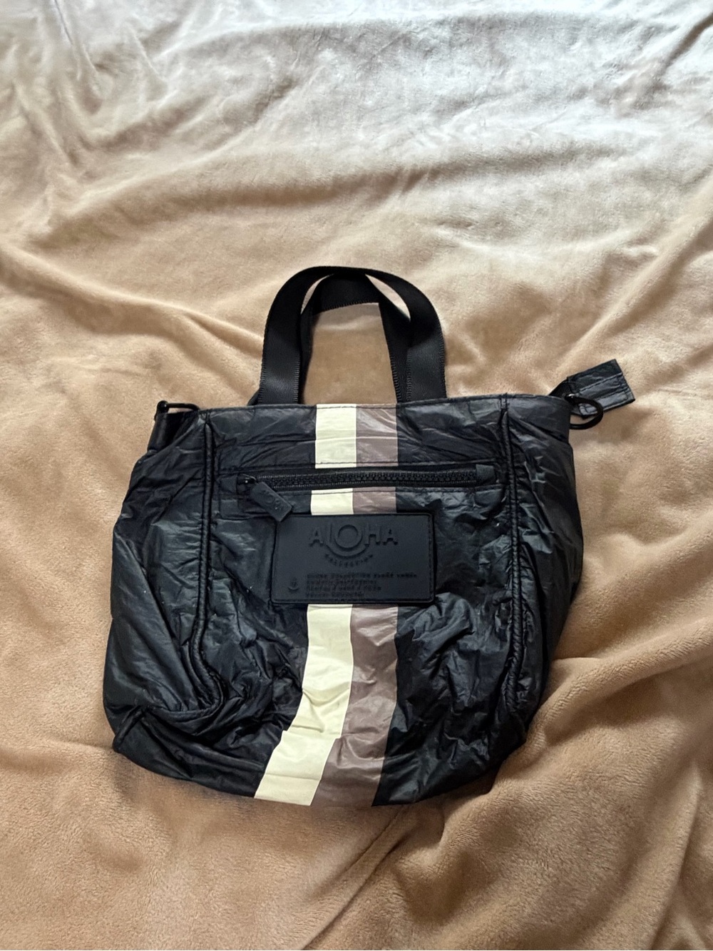 ALOHAS Small Black Tote Cream and Tan Stripes